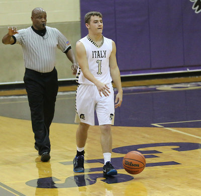 Image: 3…2..1!!! Levi McBride(1) dribbles out the final seconds of Italy’s 67-56 bi-district win over the Valley View Eagles.
