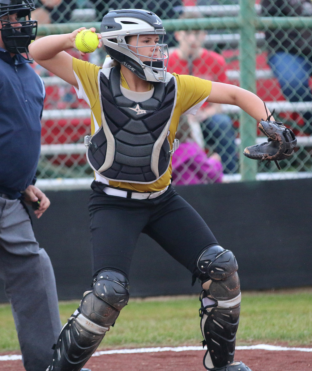 Image: Senior Lady Gladiator catcher Lillie Perry is ready to defend her home sand.