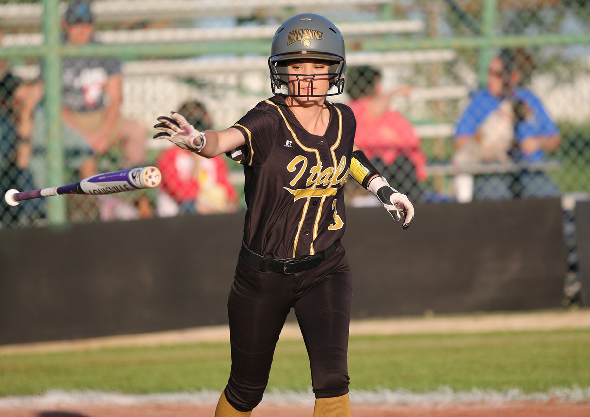 Image: Senior Lady Gladiator Cassidy Childers(3) hangs in their to earn a walk against Covington.