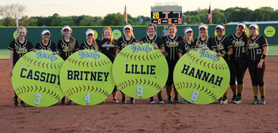 Image: Congratulations to seniors’ Cassidy Childers(3), Britney Chambers(4), Lillie Perry(9) and Hannah Washington(8), and to the entire Lady Gladiator team as they celebrate Senior Day and prepare to march into the 2016 playoffs.