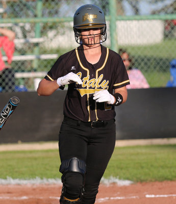 Image: Lady Gladiator power-hitter Brooke DeBorde(2) is not very happy having to take her base.