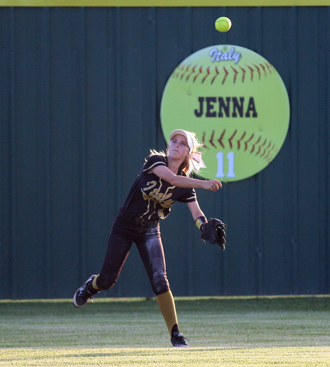 Image: Italy senior Britney Chambers(4) makes the catch in centerfield for an out and then hurries the ball back into the infield.