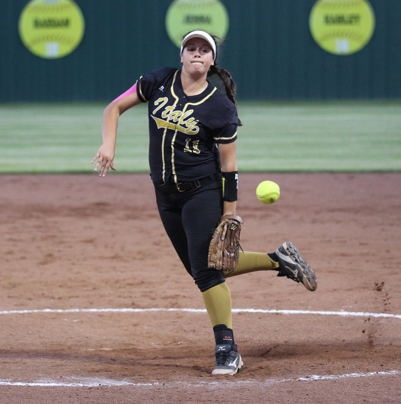 Image: Lady Gladiator pitcher Jenna Holden(11) finishes off the Riesel Lady Indians in game 1 of round 1 of the 2016 UIL 2A Region 2 Playoffs.