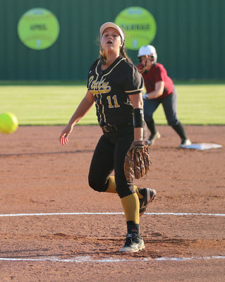 Image: Jenna Holden(11) was in the circle for the Lady Gladiators from beginning to end to secure a game 1 win for Italy.