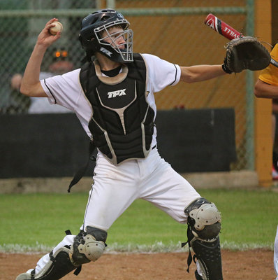Image: Italy Gladiator catcher Garrett Janek(17) rises and fires a ball to second-base.
