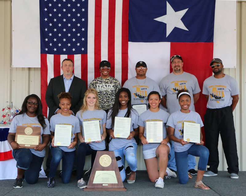 Image: Honoring the Italy Lady Gladiator 2016 Conference AA State Champion Track Team. (Top L-R) Italy Mayor Steven Farmer, Coach Laquita Walker, Coach Bobby Campbell, Coach Sean Connor and Coach David Ervin. (Bottom (L-R) Manger Brenya WIlliams, T’Keyah Pace, Halee Turner, Janae Robertson, April Lusk and Chardanae Talton.