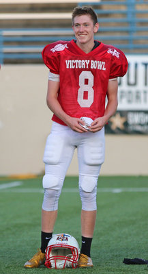 Image: Italy’s High School’s Clayton Miller(8) smiles with a big ole’ Texas grin while be recognized for being an All-Star participant during the 8th Annual 2016 Fellowship of Christian Athletes Victory Bowl.