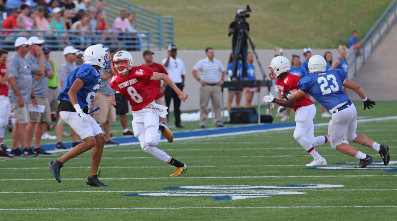 Image: Route running in an all-star game. Italy’s Clayton Miller(8) enjoyed the challenge of testing his football skills against one of the areas best cornerbacks.