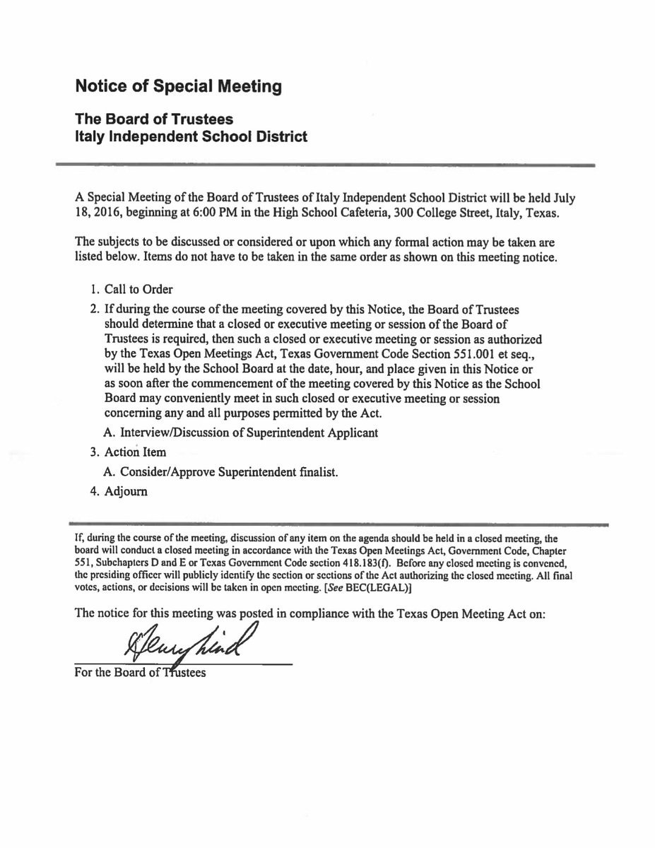 Image: Special Meeting Agenda