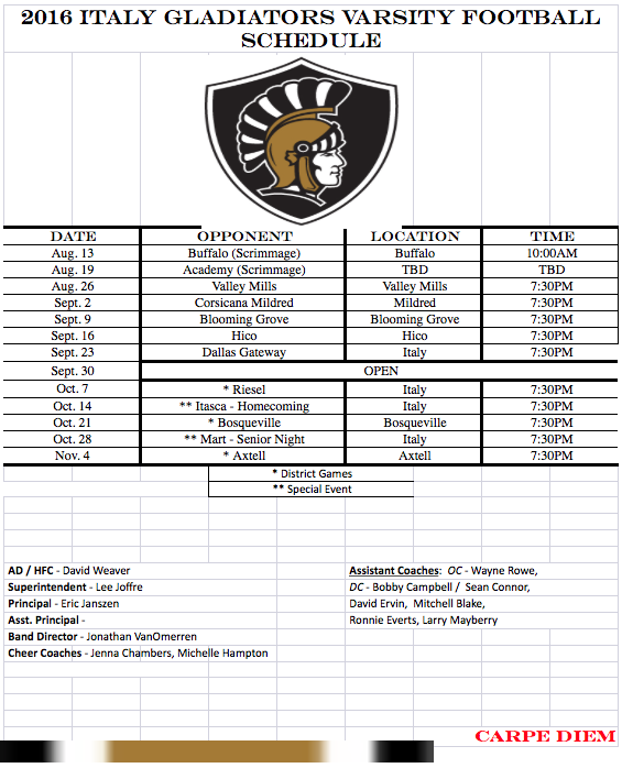 Image: 2016 Italy Gladiators Varsity Football Schedule.