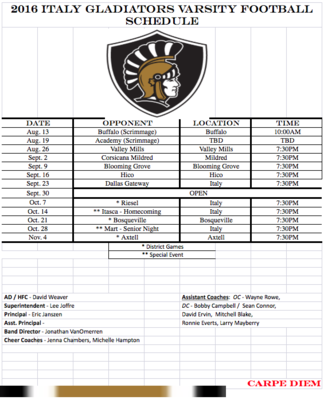 Image: 2016 Italy Gladiators Varsity Football Schedule.