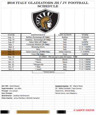 Image: 2016 Italy Gladiators J.V. Football Schedule.