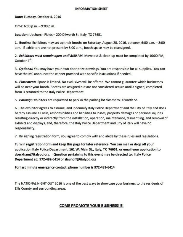 Image: 2016 National Night Out Vendor Entry Form – page 2