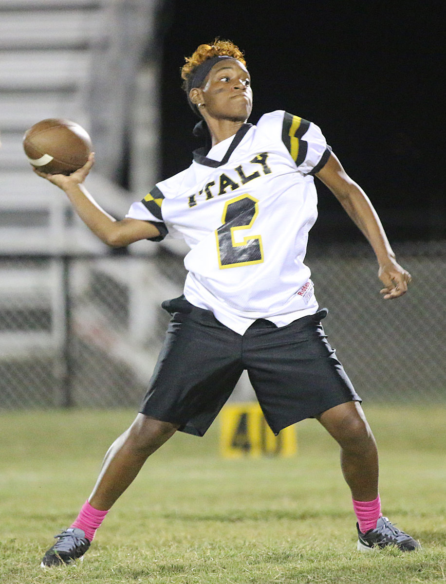 Image: Senior QB Decorea Green threw for 2 touchdowns in the win for her girls. Green connected with Vanessa Cantu and Heaven-Lea Bossu-Browne for 12-points.