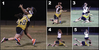 Image: Catch of the night goes to senior receiver Aarion Copeland who made this juggling grab for a long gain against the junior defense.