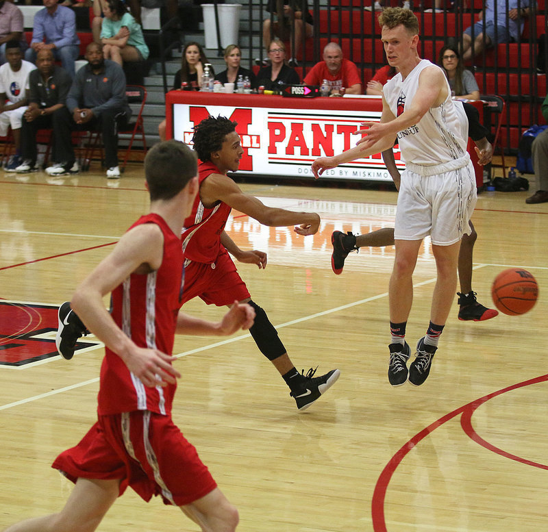 Image: Leading the fast-break is Keith Davis II, Italy, as his pass turns into 2-points for the RED All-Stars.