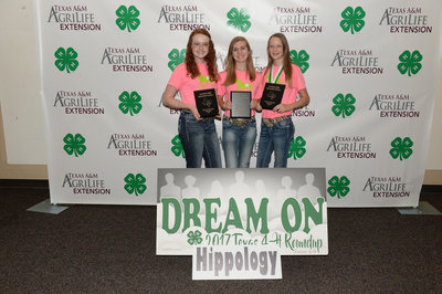 Image: The Silver Spurs team of Sadie Hinz, Autumn Wells and Gentry Rogers won 2nd in State Hippology at the State 4-H Round Up.