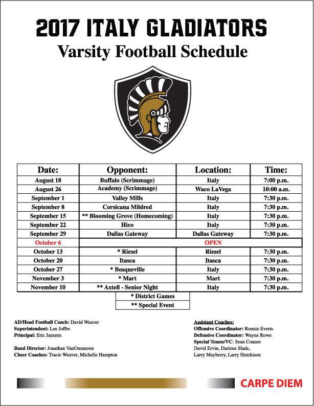 Image: 2017 Italy Gladiators Varsity Football Schedule: