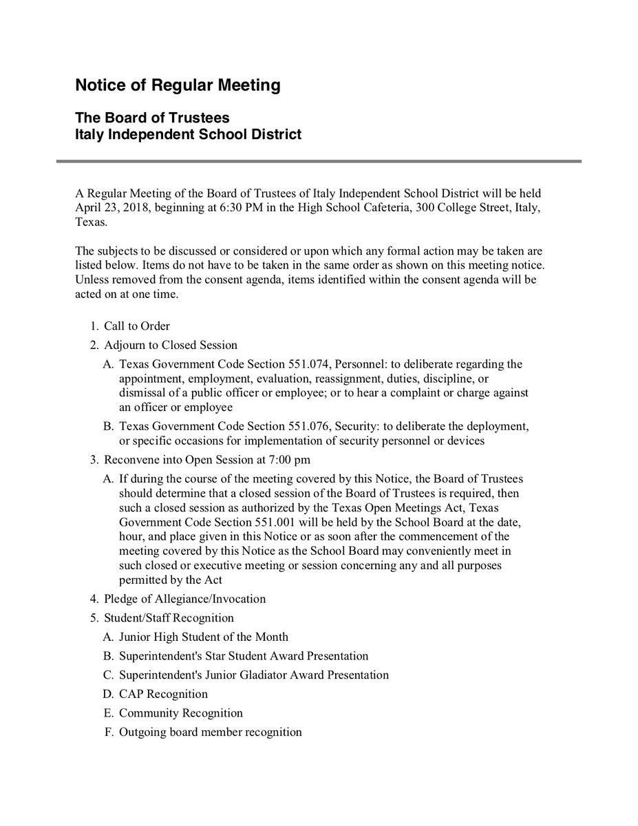 Image: Italy ISD School Board April 23, 2018 Agenda p1