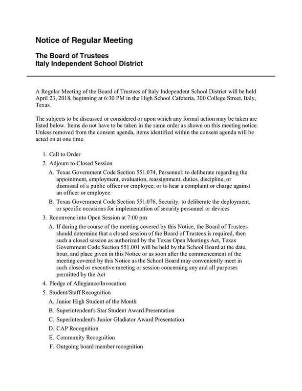 Image: Italy ISD School Board April 23, 2018 Agenda p1
